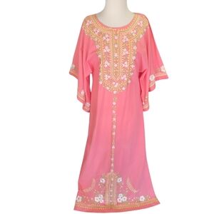 Vintage Angel Wing Embroidered Kaftan Apricot Peach Dress M